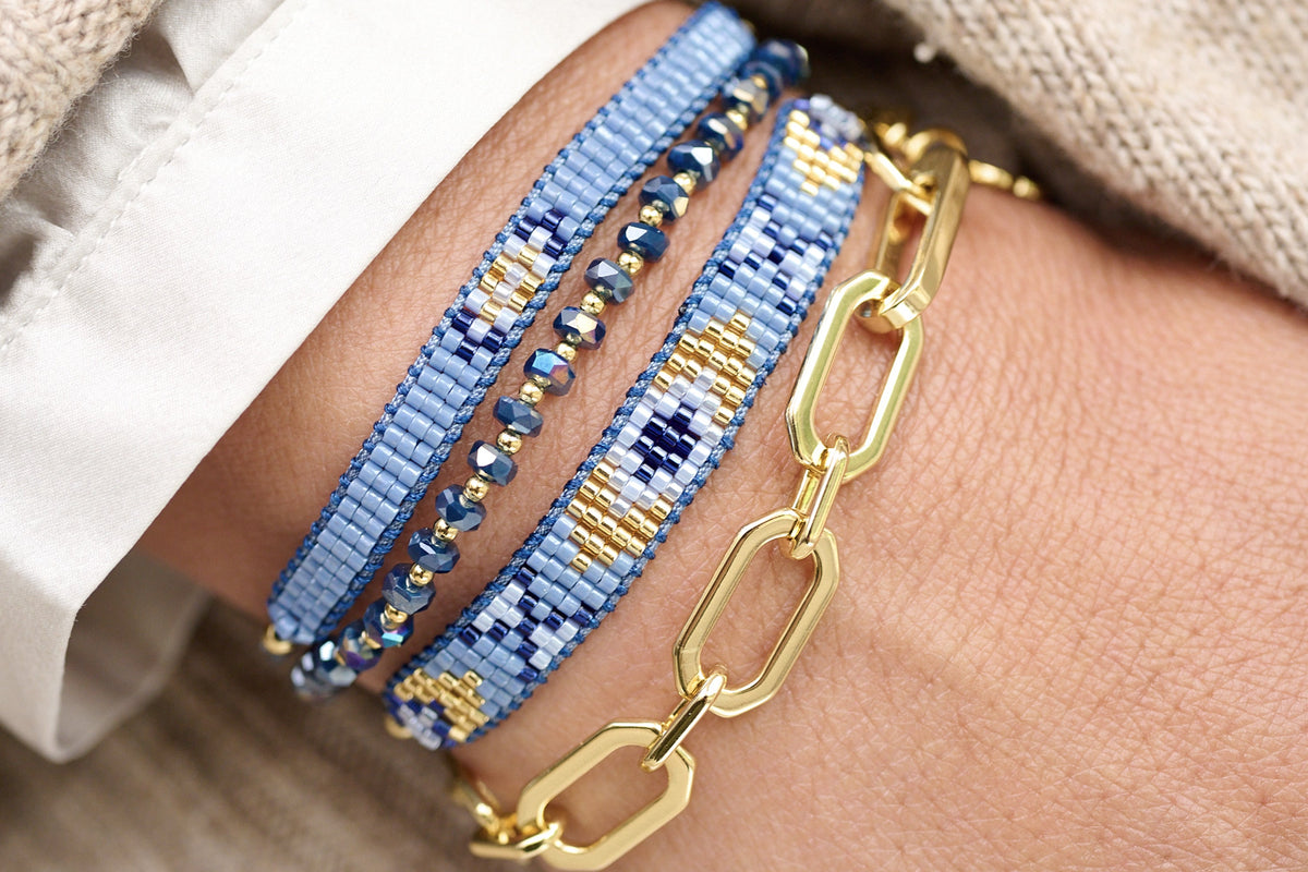 Crisos Gold Chain Bracelet layered with Prunus Navy & Gold - Boho Betty