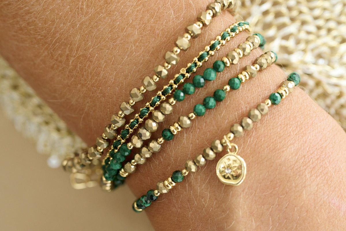 Verde Malachite bracelet stacked with Braid and Opulent bracelets - Boho Betty