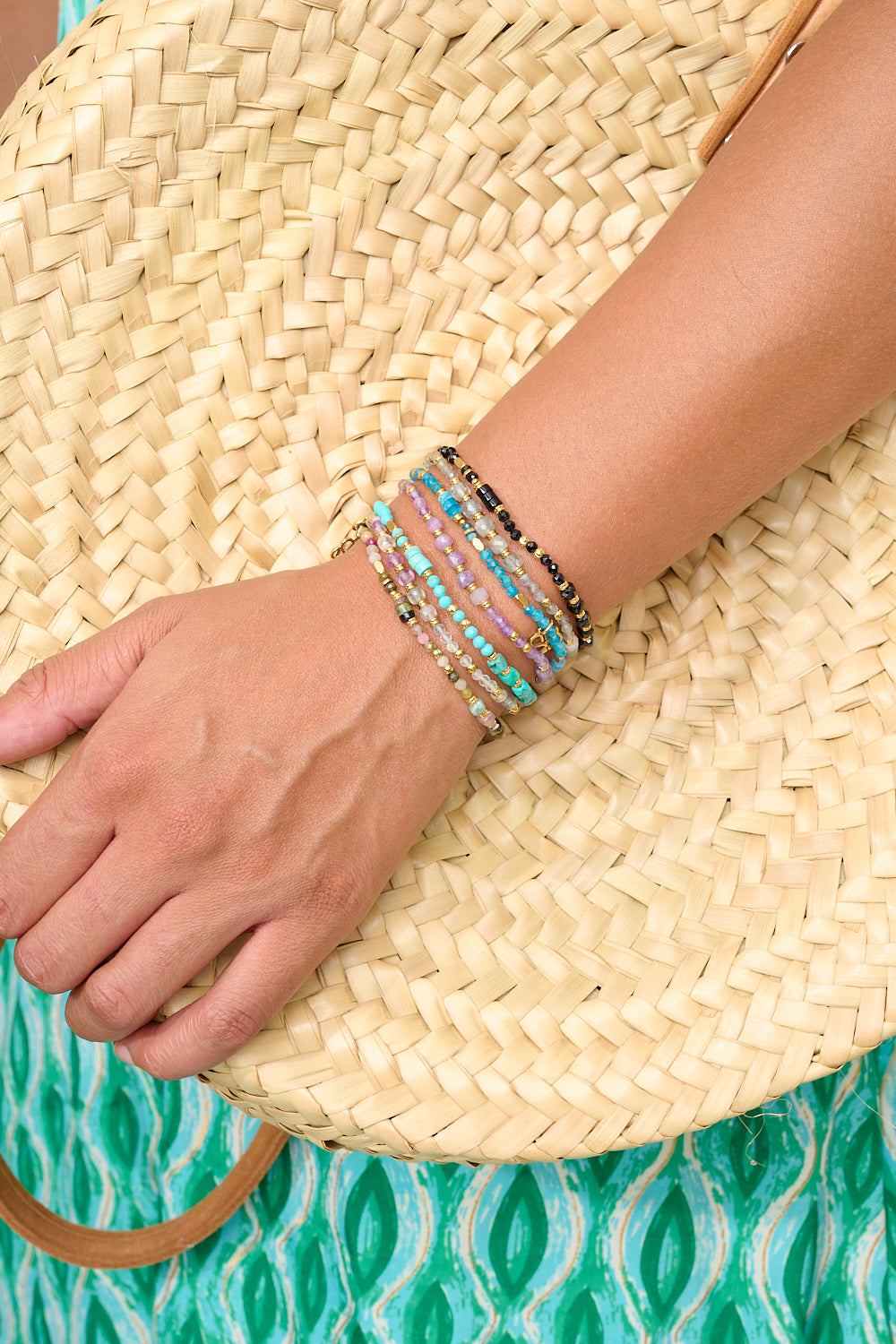 apatite gemstone bracelet featured on wrist with Boho Betty stacking bracelets