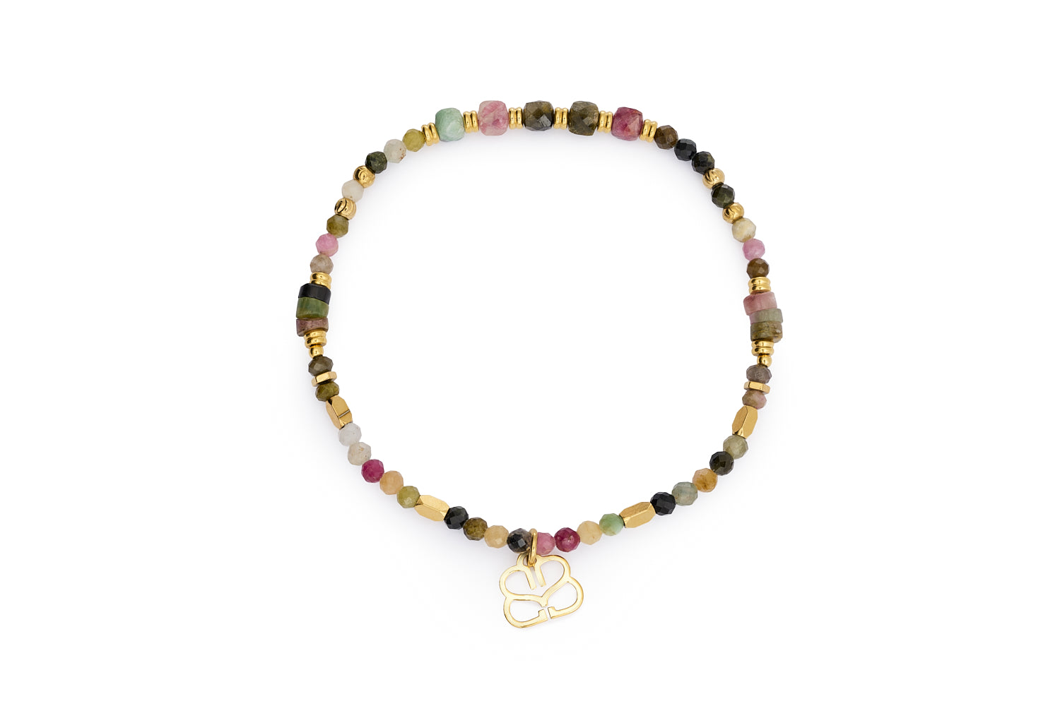 Multicolor tourmaline gemstone bracelet with gold accents on white background