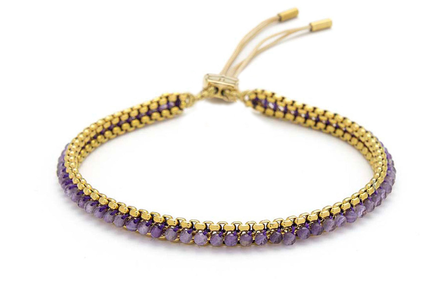 Zena Amethyst Gold Braided Bracelet featuring deep violet amethyst gemstones, delicate 12k gold-plated chain details, and an adjustable slider fastening.