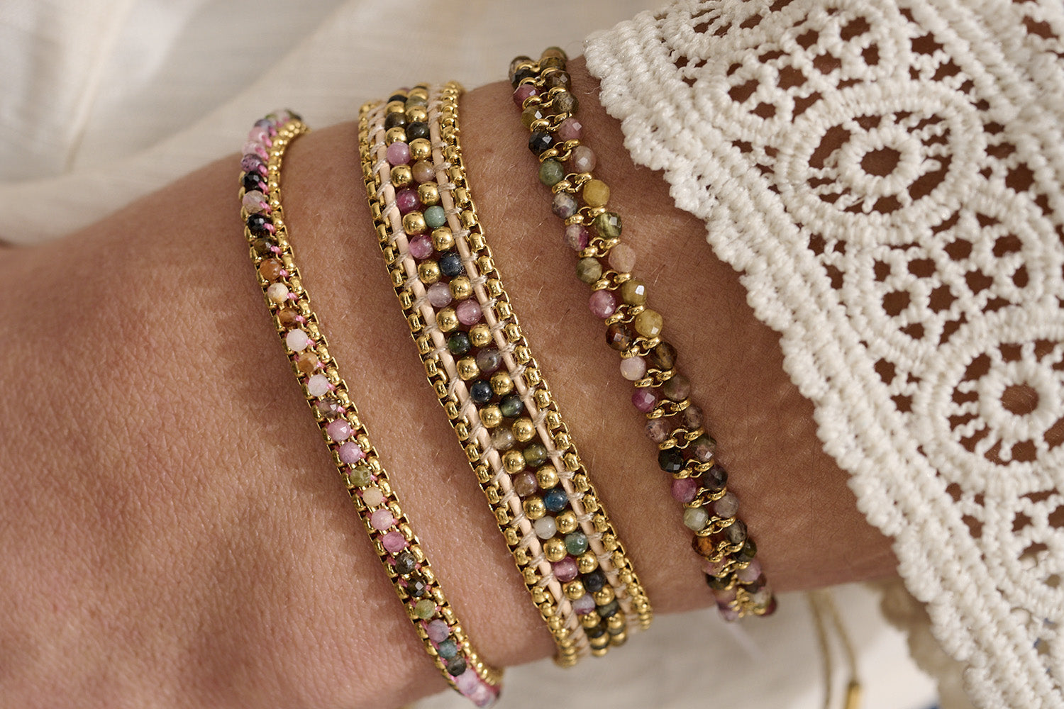 Zena Gold & Tourmaline Bracelet styled in a layered bracelet stack for a bright, joyful everyday look — perfect for gifting or self-love.