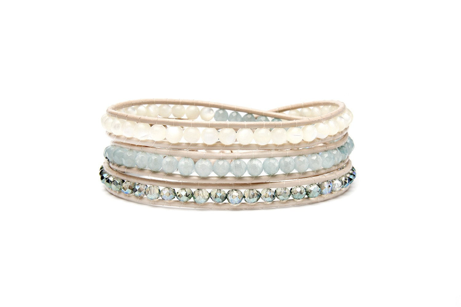 Barcelona Taupe Leather 3 Wrap Blue and White Crystal Bracelet