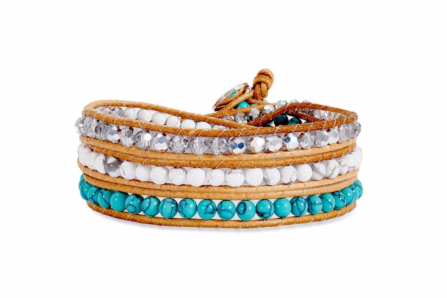 Baku Tan leather 3 Wrap Crystal Bracelet with Turquoise and Howlite Balls