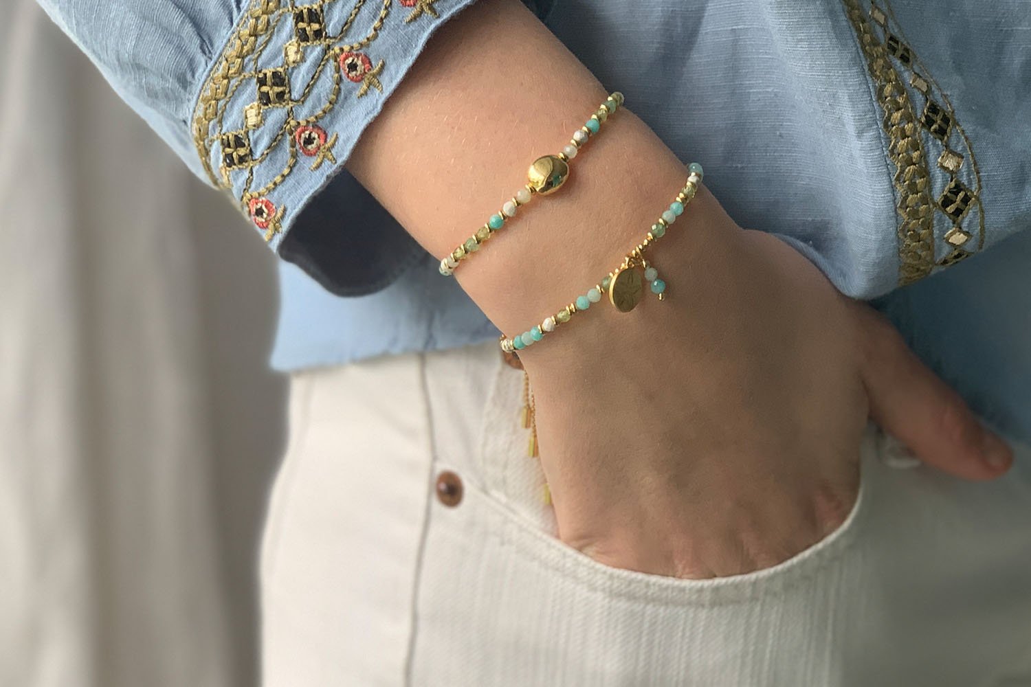 Amrum Aqua & Gold Charm Bracelet - Boho Betty