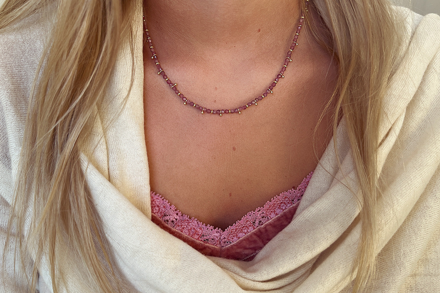 Salus Pink Tourmaline Gemstone Gold Necklace - Boho Betty