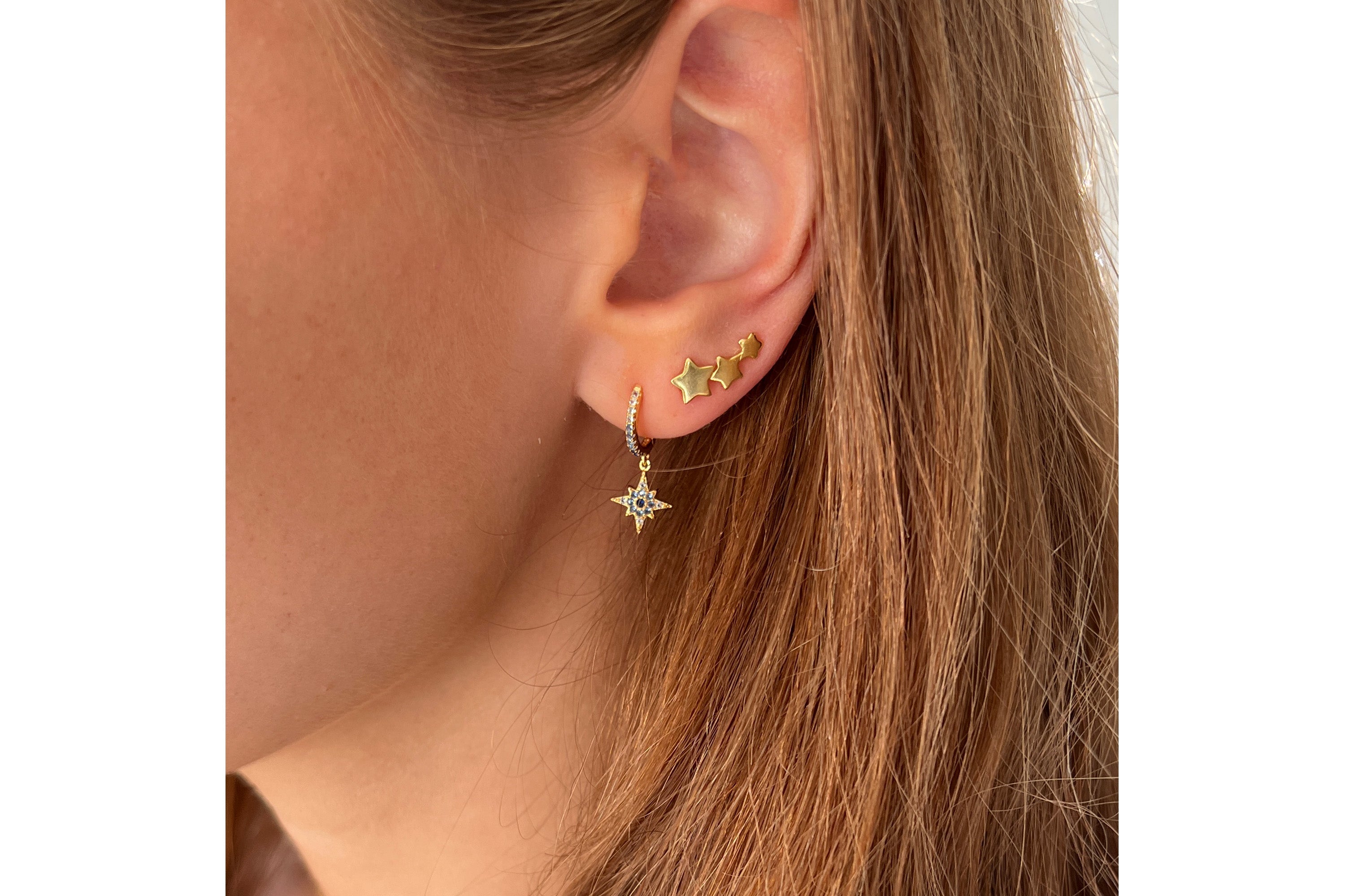 Cohan Blue Ombre CZ Gold Star Sterling Silver Hoop Earrings - Boho Betty