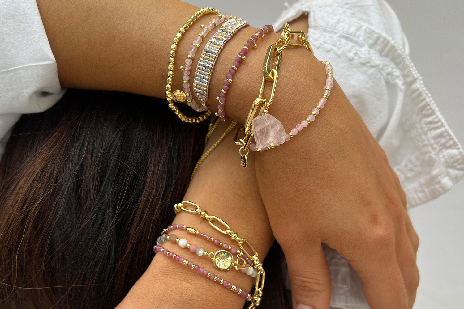 Harmony Rose Quartz Gold Bracelet - Boho Betty