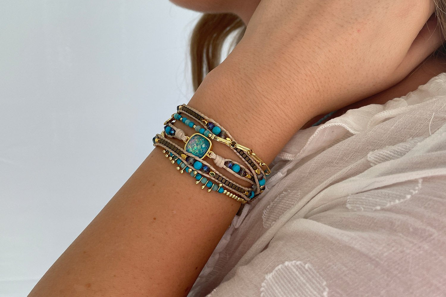 America Turquoise Gemstone Leather 3 Wrap Bracelet - Boho Betty