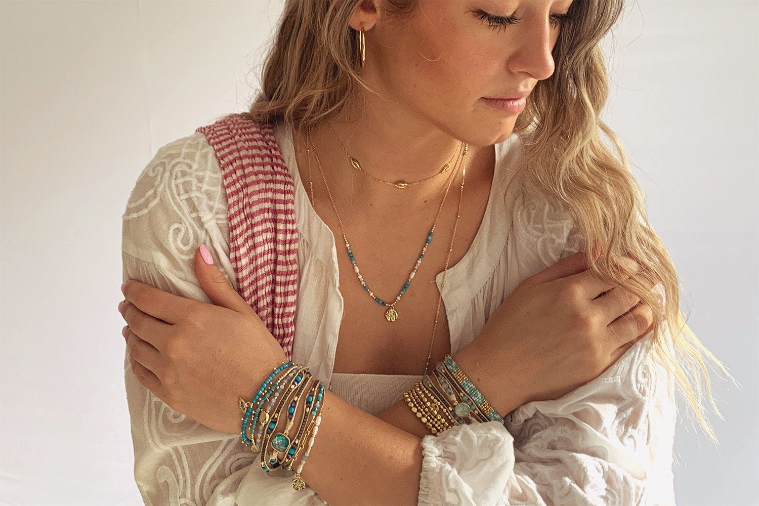 America Aqua Gemstone 3 Wrap Bracelet - Boho Betty