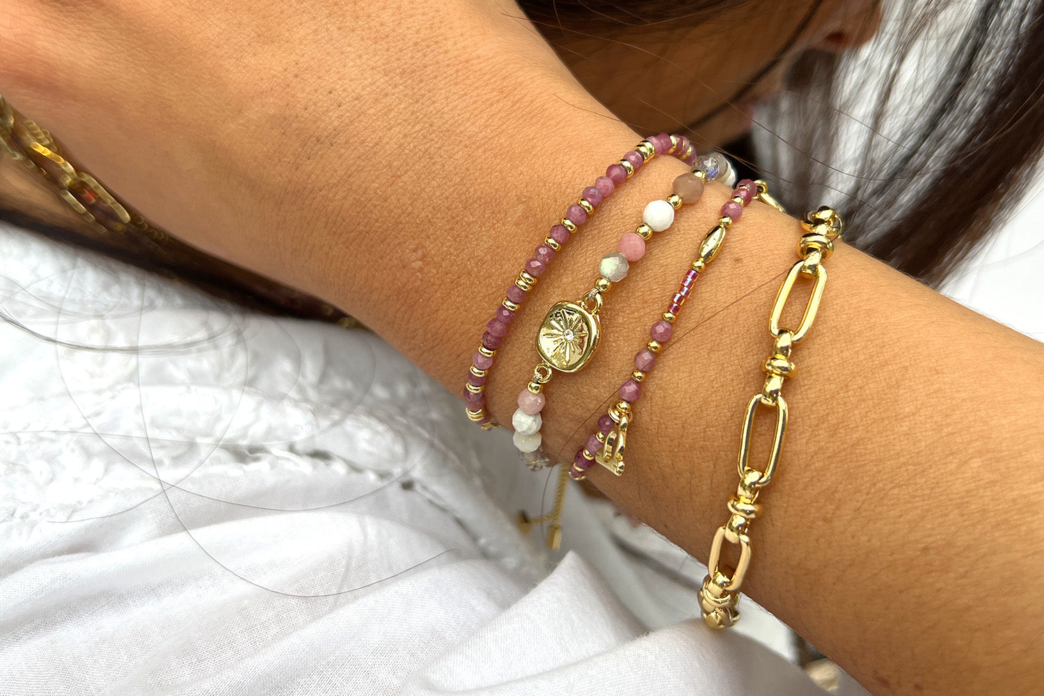 Mystical Pink Tourmaline Gold Bracelet - Boho Betty