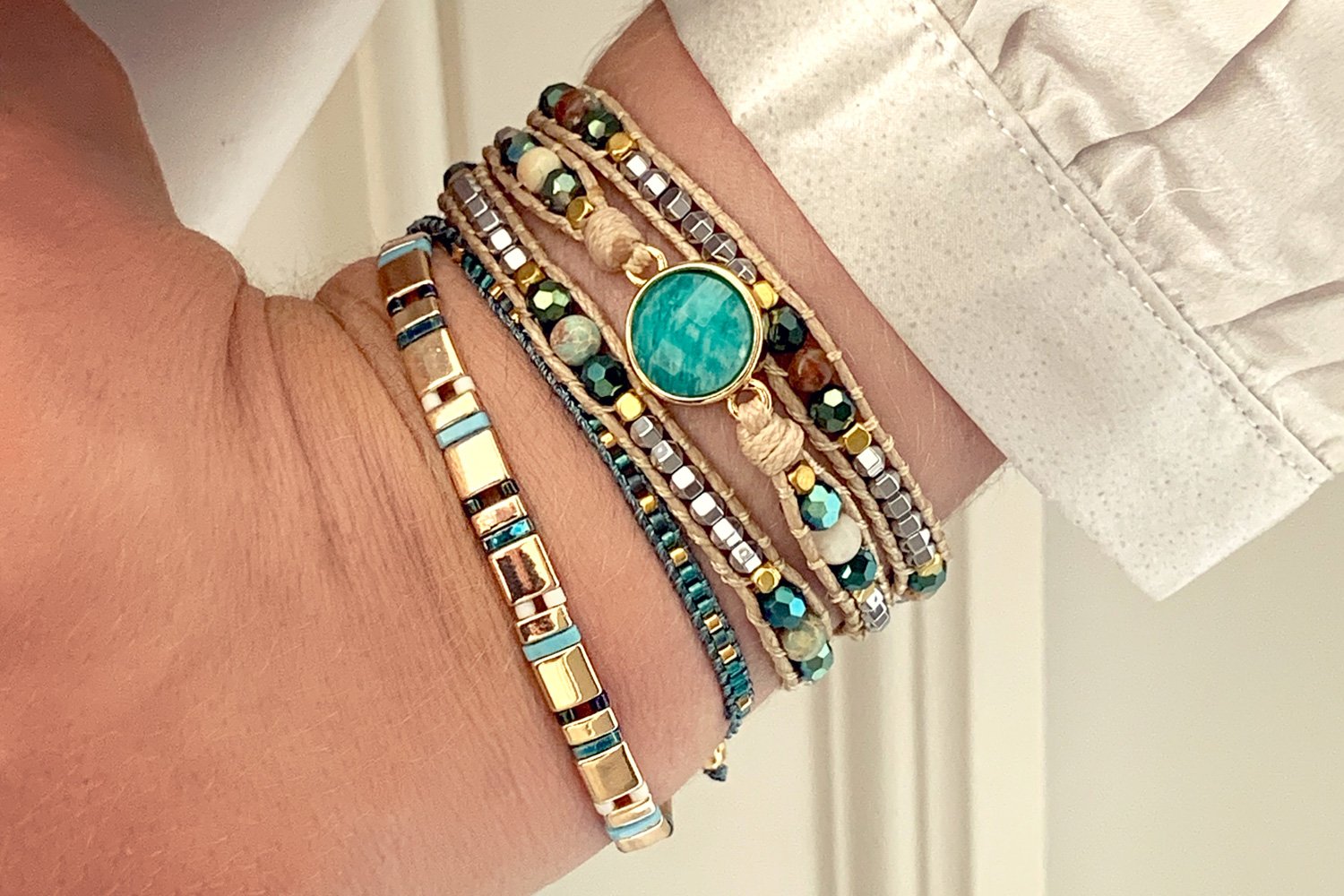 America Teal Amazonite & Semi Precious Stone 3 Wrap Bracelet - Boho Betty USA