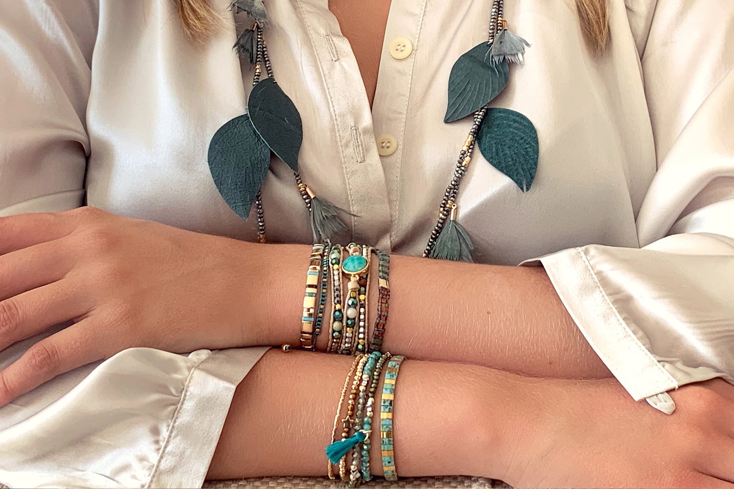 America Teal Amazonite & Semi Precious Stone 3 Wrap Bracelet - Boho Betty USA