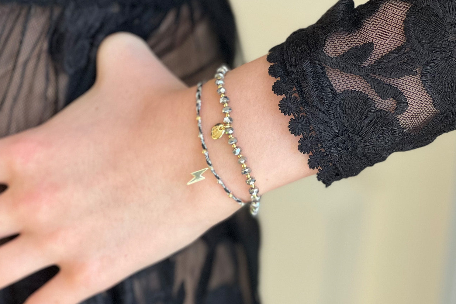 Prunus Slate & Gold Crystal Stretch Bracelet - Boho Betty