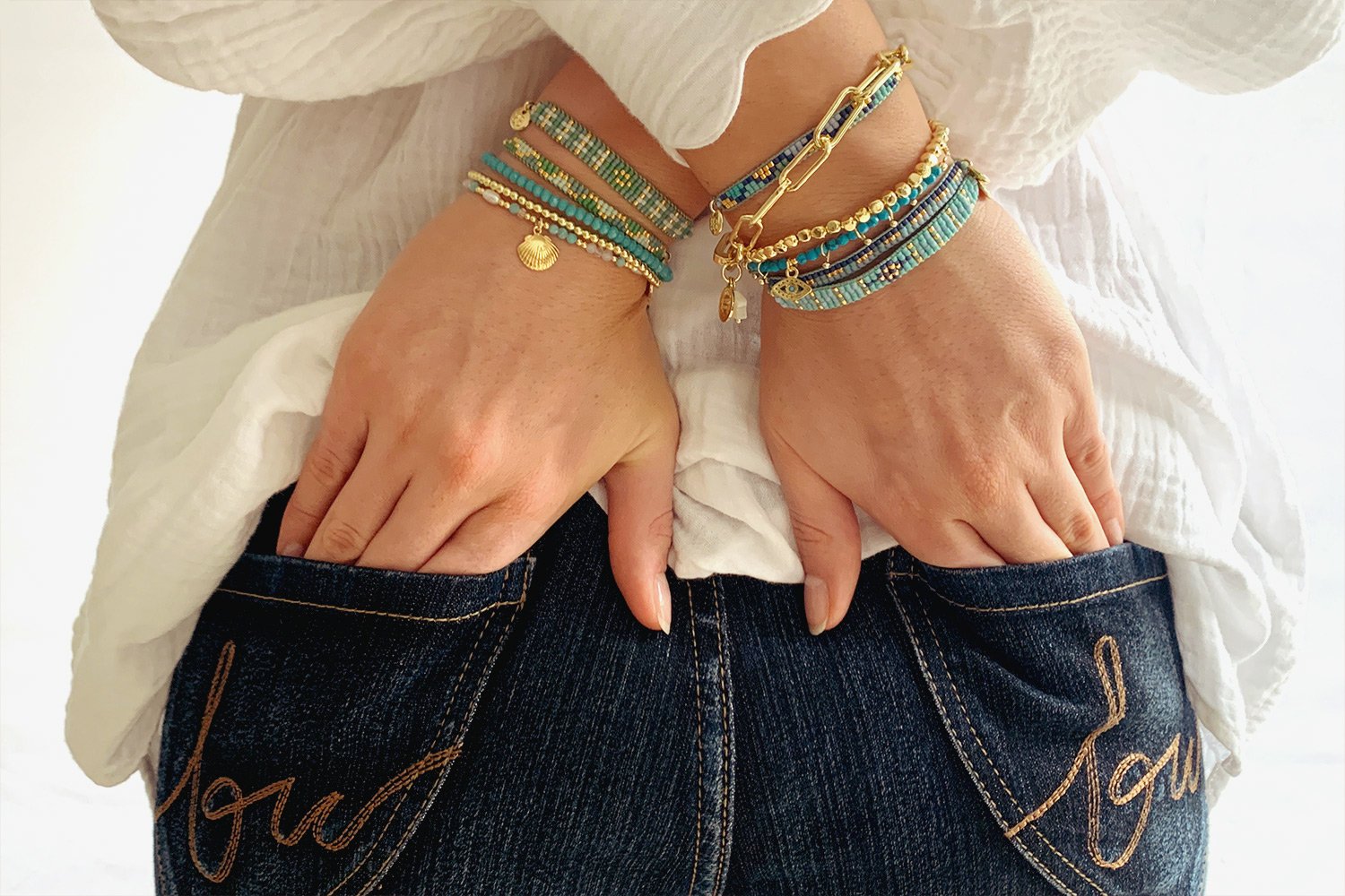 Venus Point Blue & Gold Beaded Bracelet - Boho Betty