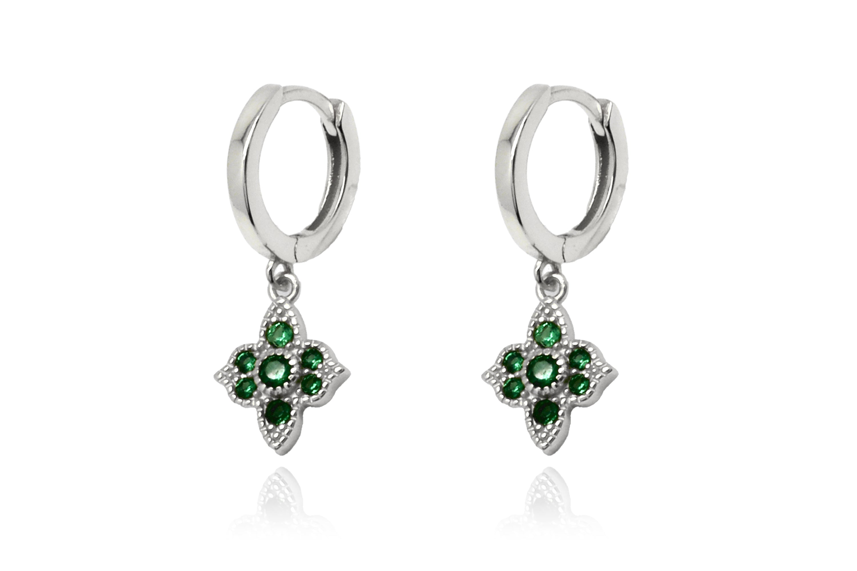 Theron Emerald CZ Silver Hoop Earrings - Boho Betty