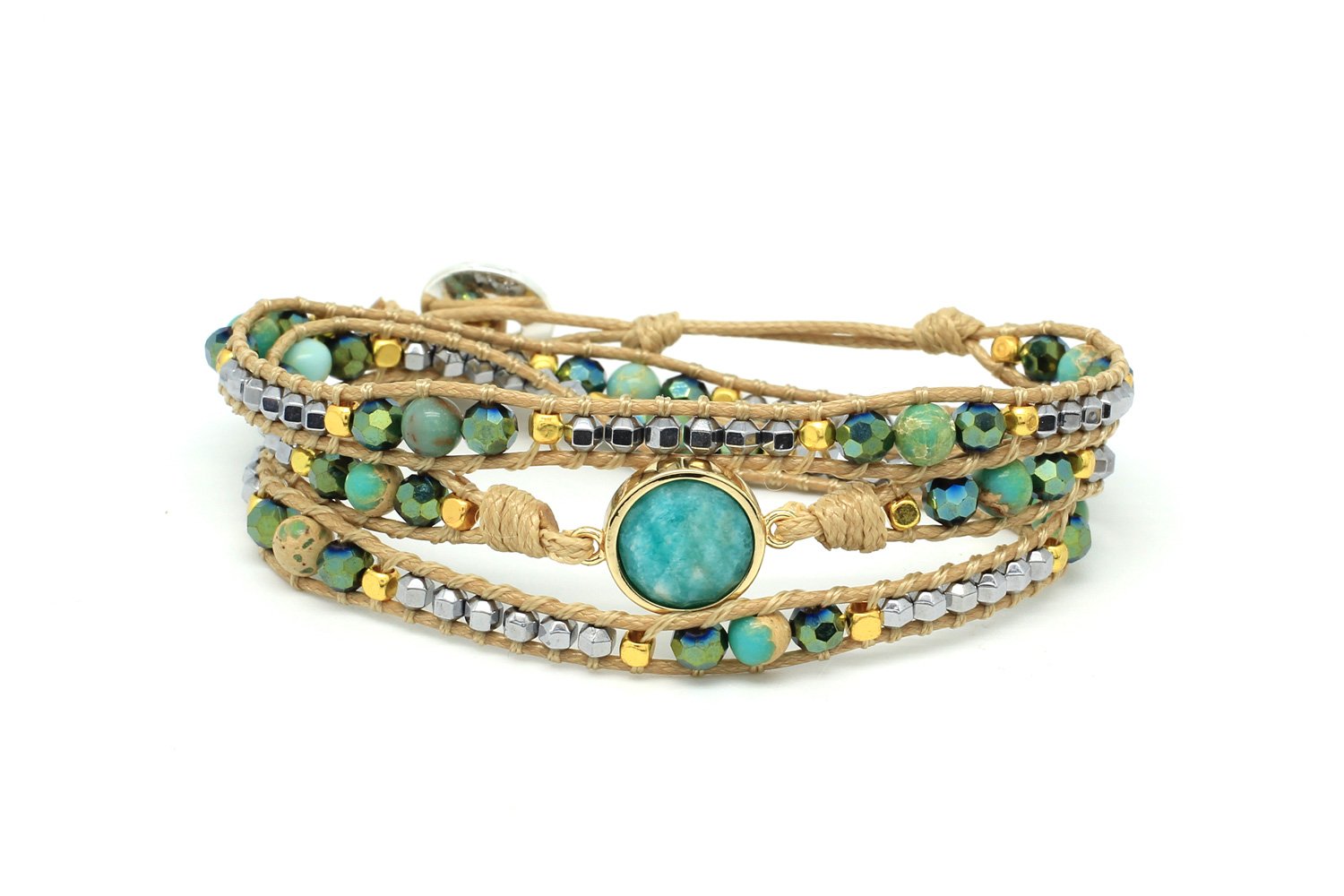 America Teal Amazonite & Semi Precious Stone 3 Wrap Bracelet - Boho Betty USA