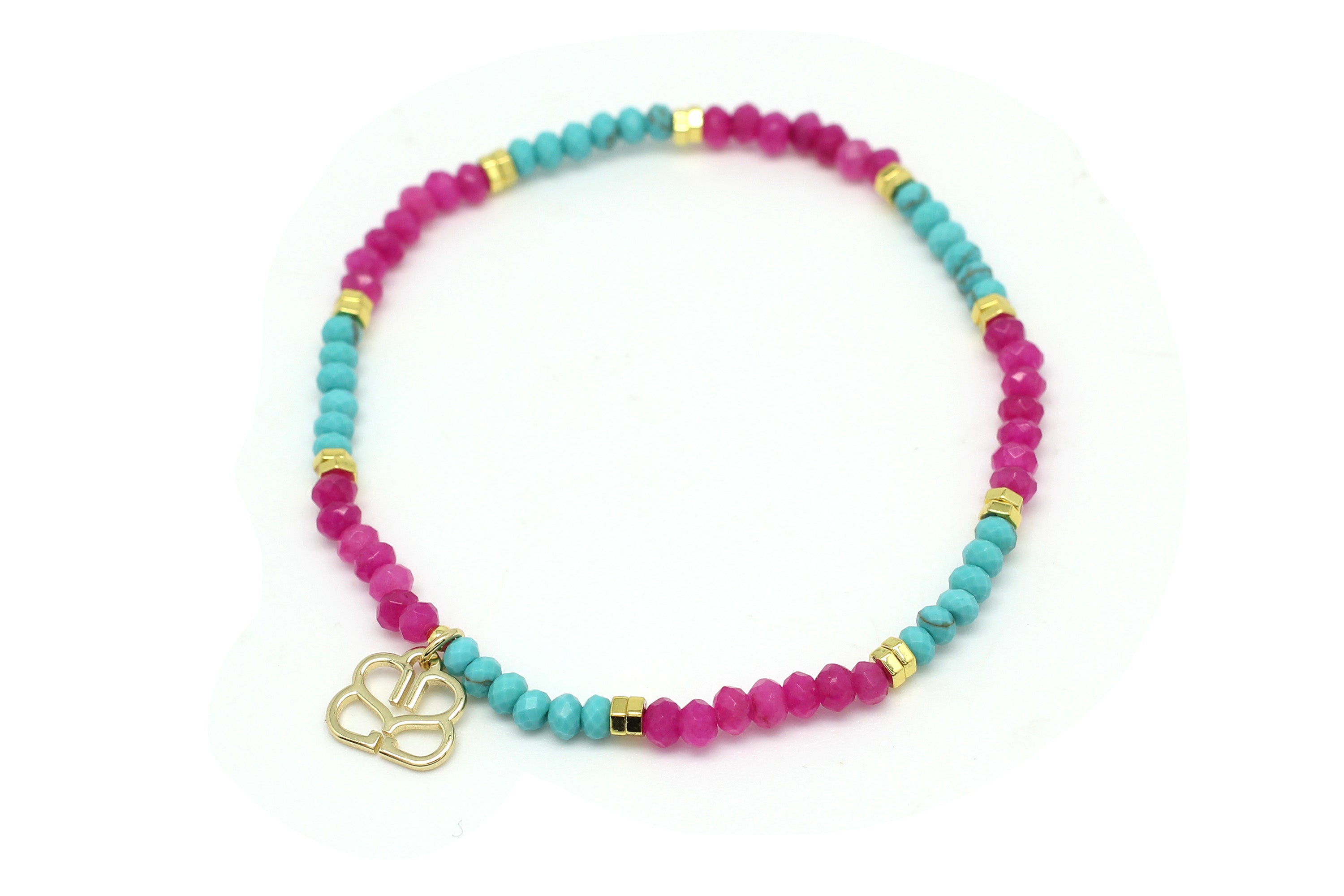 Cerise Pink & Turquoise Beaded Stretch Bracelet