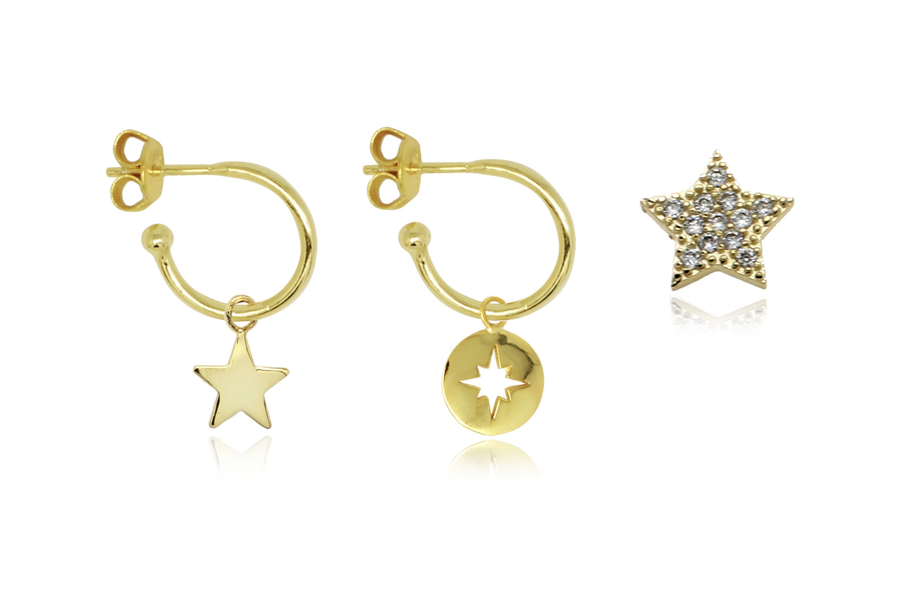 Star Sterling Silver Gold Triple Earring Gift Set