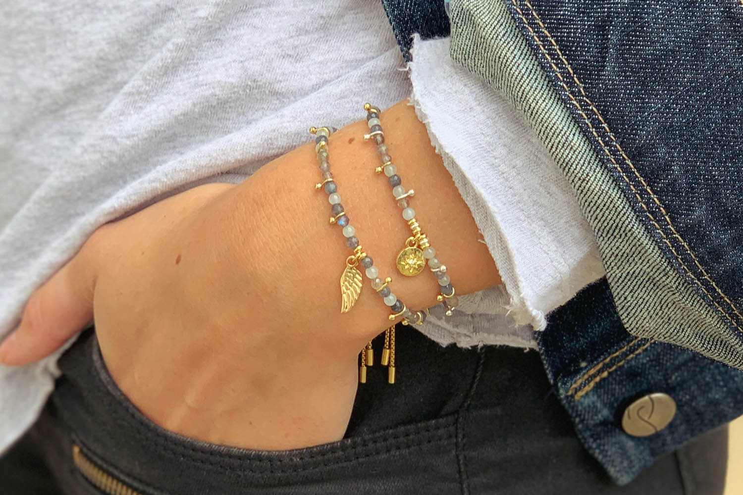 Nashira Denim & Gold Charm Gemstone Bracelet - Boho Betty