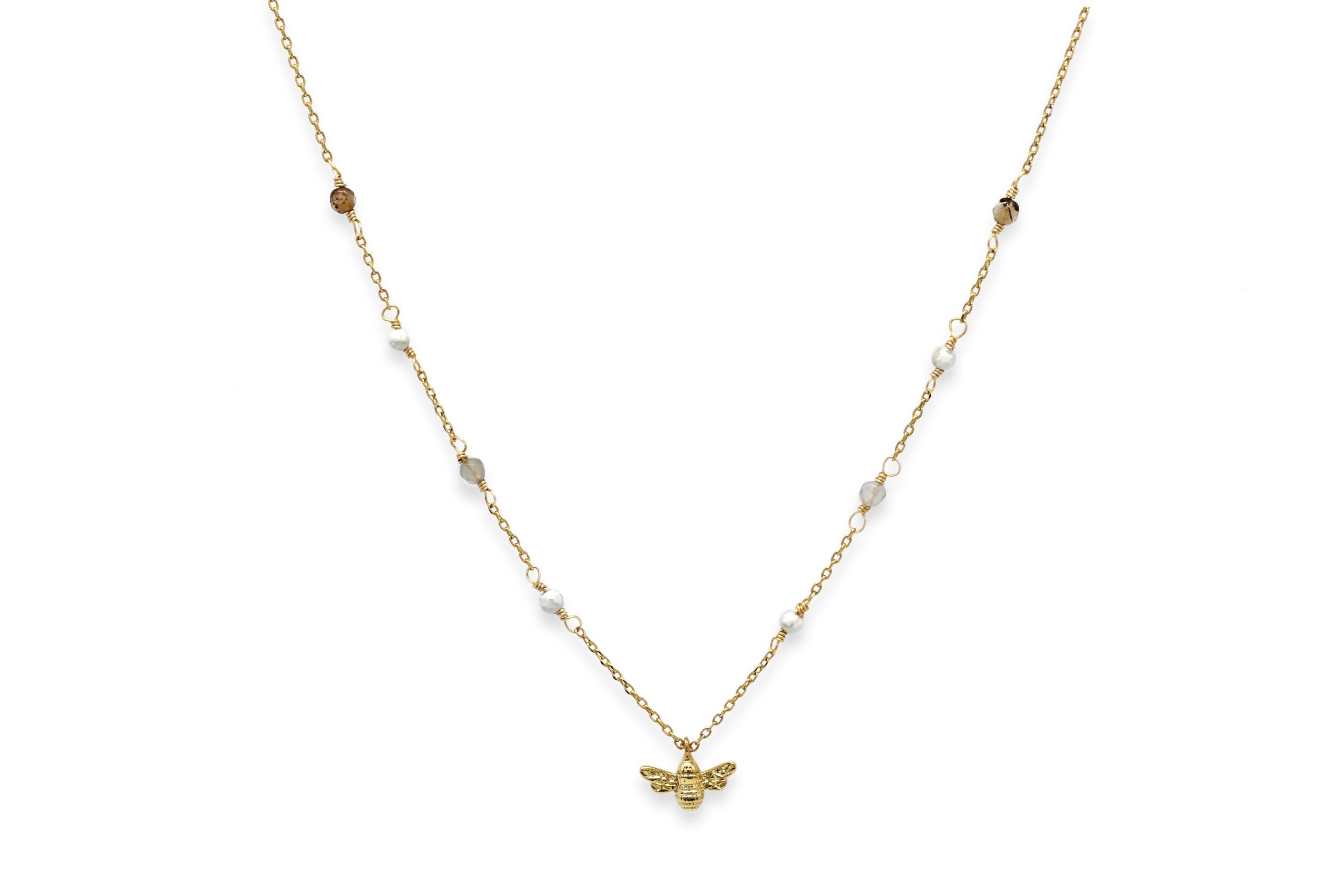 Aster Bee Charm Gemstone Beaded Necklace - Boho Betty