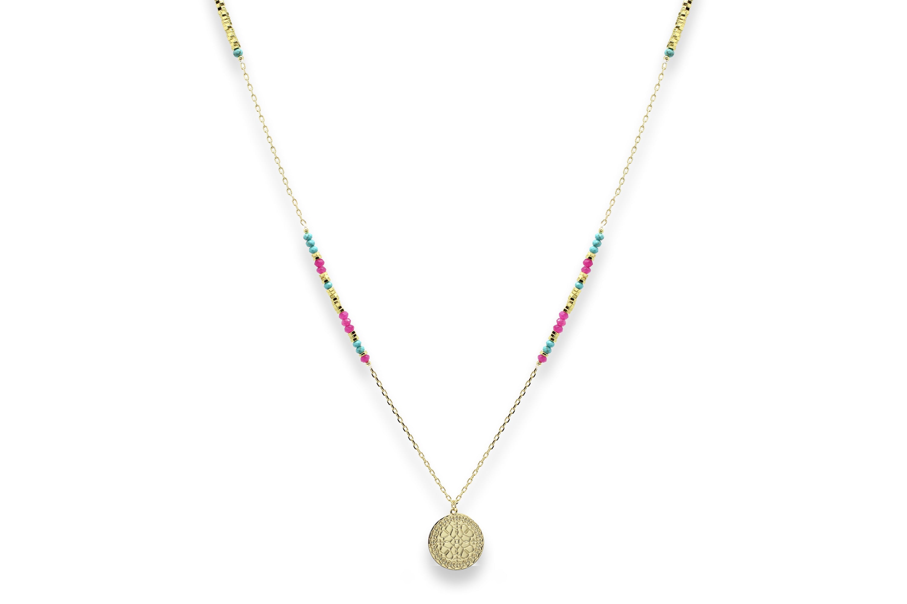 Nemty Turquoise & Pink Long Pendant Necklace