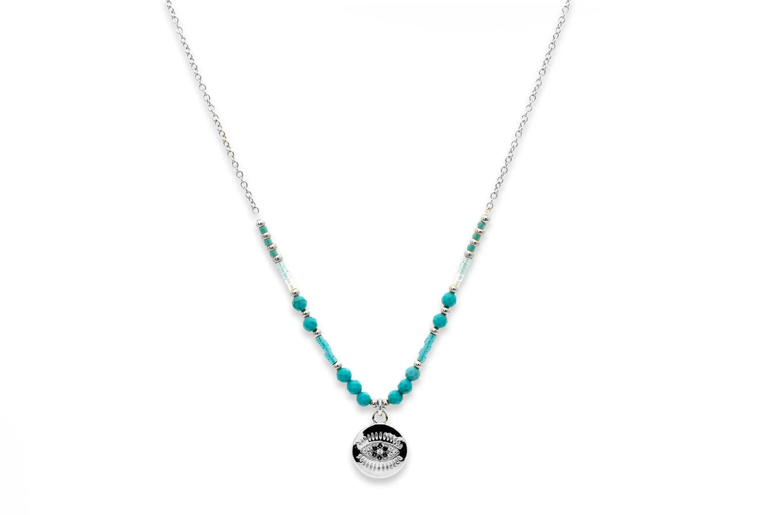 Fortuna Turquoise Silver Evil Eye Necklace - Boho Betty