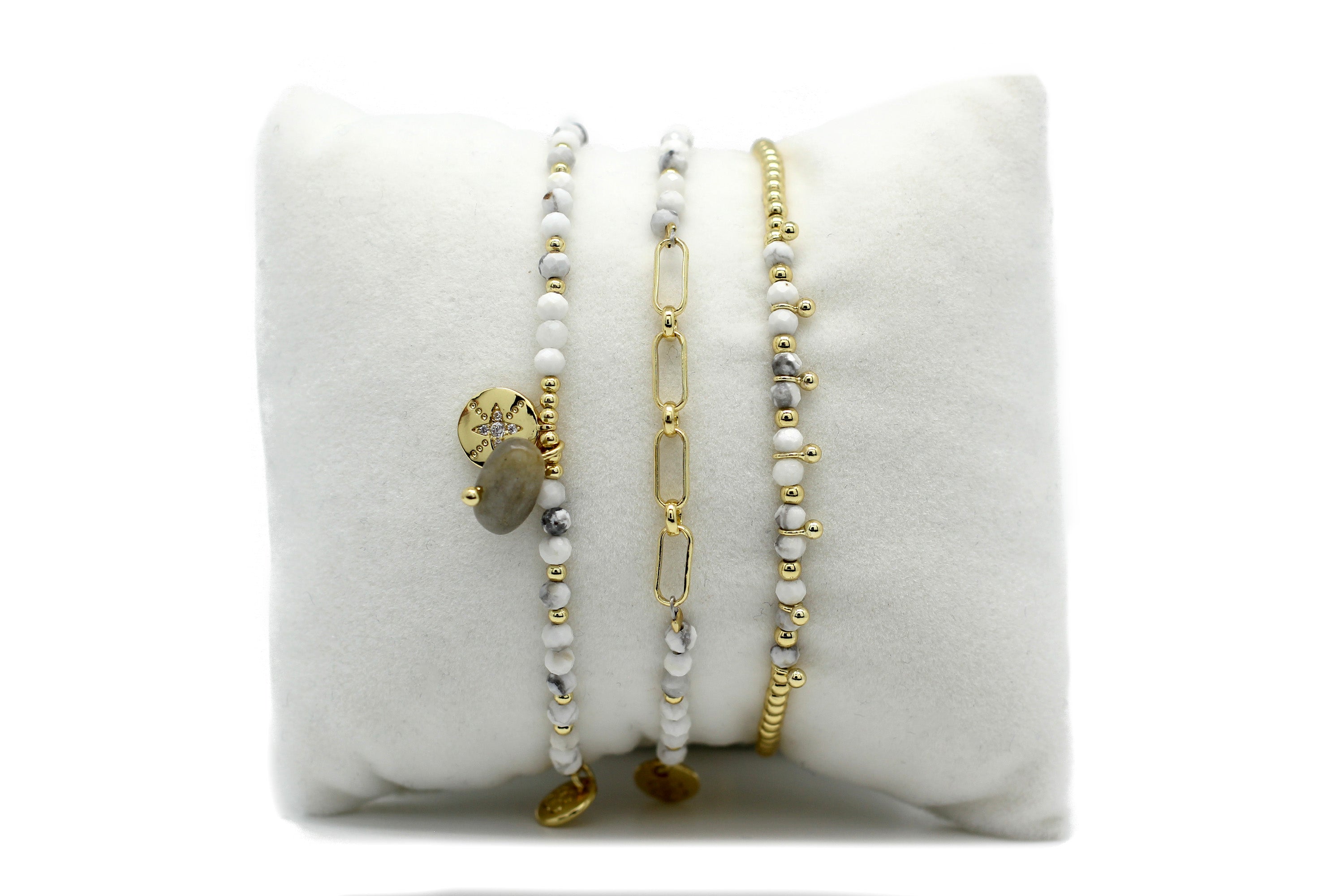 Inverness 3 White & Gold Layered Bracelet Stack - Boho Betty USA