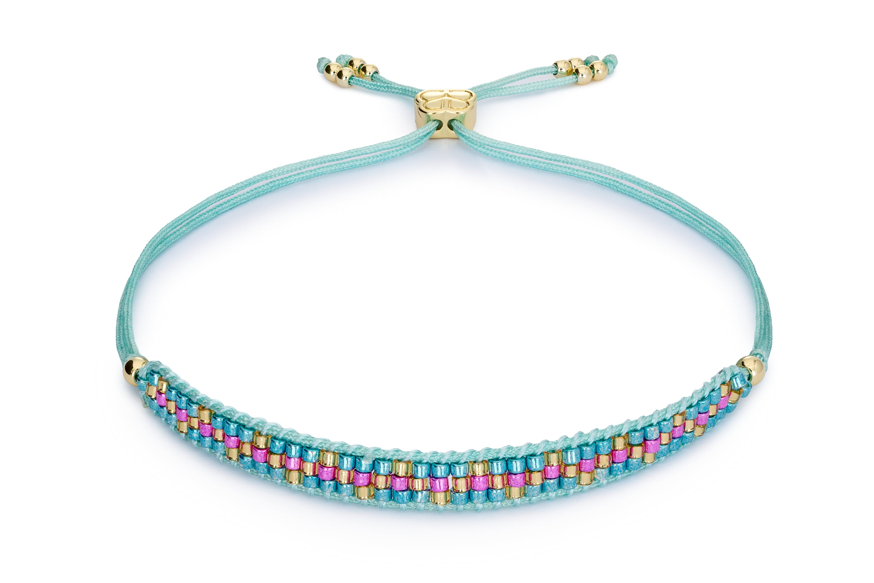 The Crus Turquoise & Hot Pink is on a thread Boho Betty Slider with Hot Pink, Turquoise and Gold Miyuki Beads.