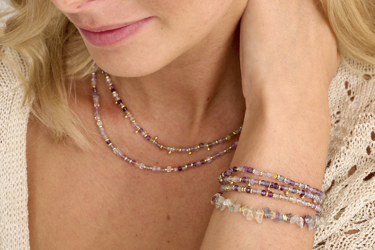 Layer the Mystical, Harmony Sana Rainbow Fluorite Bracelets with the Salus and Panacea Rainbow Fluorite Necklaces for dreamy tones this Spring.