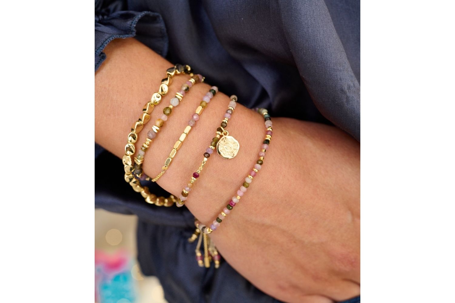 Boho Betty Gold nugget fern Bracelet pthe perfect stacking bracelet. Plaired here with a beautiful collection of Tourmaline Bracelets