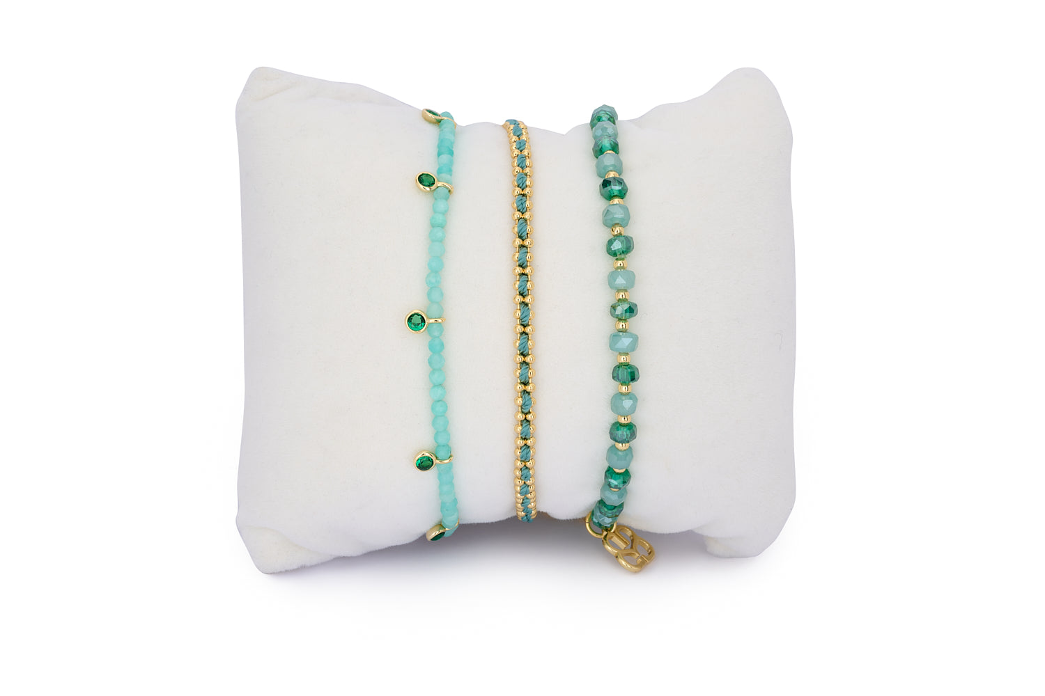 Aitutaki Amazonite & Gold Bracelet Stack featuring Amazonite beads, gold-plated accents, aqua crystals, and a hand-braided teal cord for a calming, tropical-inspired look.