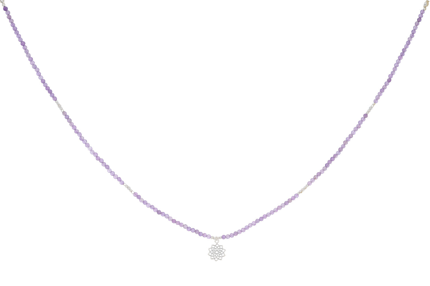 Amethyst and Labradorite Silver Crown Chakra Necklace featuring luminous labradorite and calming amethyst beads with sterling silver accents for spiritual balance and wisdom.