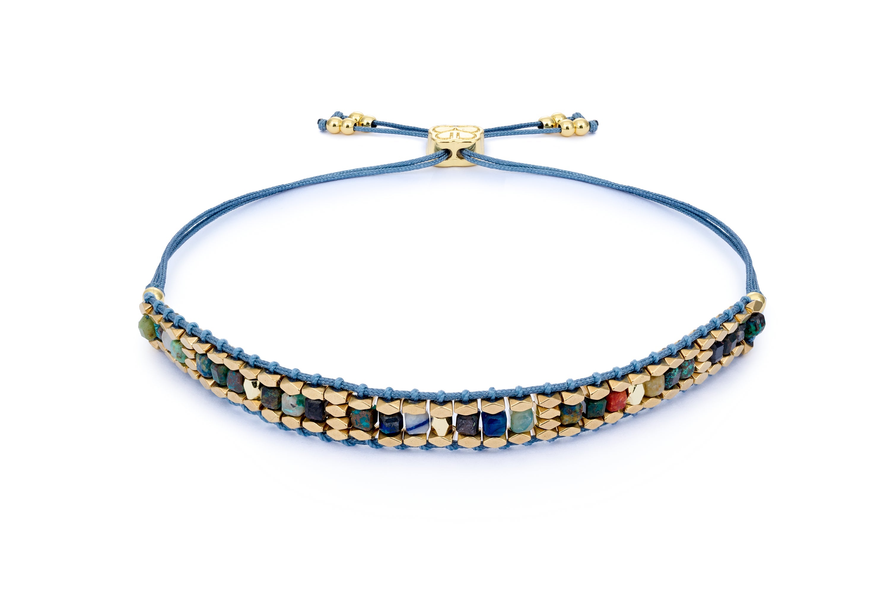 Anastasia Gold & Azurite Gemstone Friendship Bracelet featuring rich blue azurite beads, 12k gold-plated accents, and an adjustable slider fastening for a perfect fit.