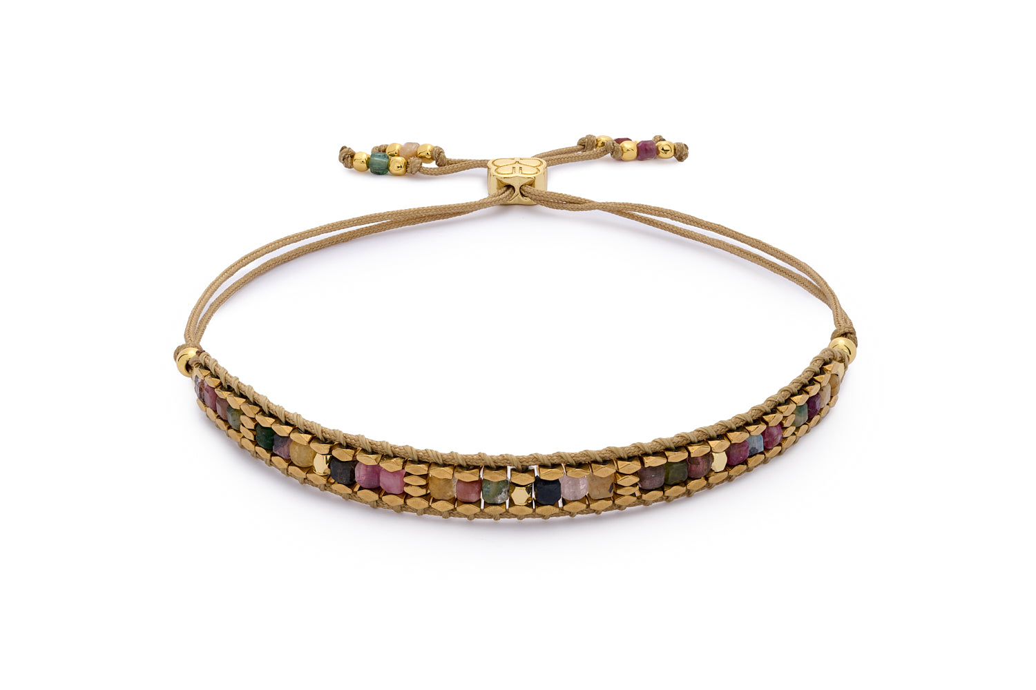 Anastasia Gold & Tourmaline Beaded Bracelet featuring faceted tourmaline beads in warm pinks, earthy taupes, and deep golden hues, woven into a taupe braided cord with 12k gold-plated accents and an adjustable sliding closure.