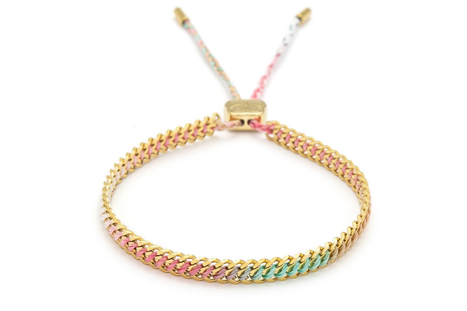 Athena Candy Gold Braided Bracelet with pink, clementine, and mint ombré thread woven through gold curb chain, perfect for playful summer style.