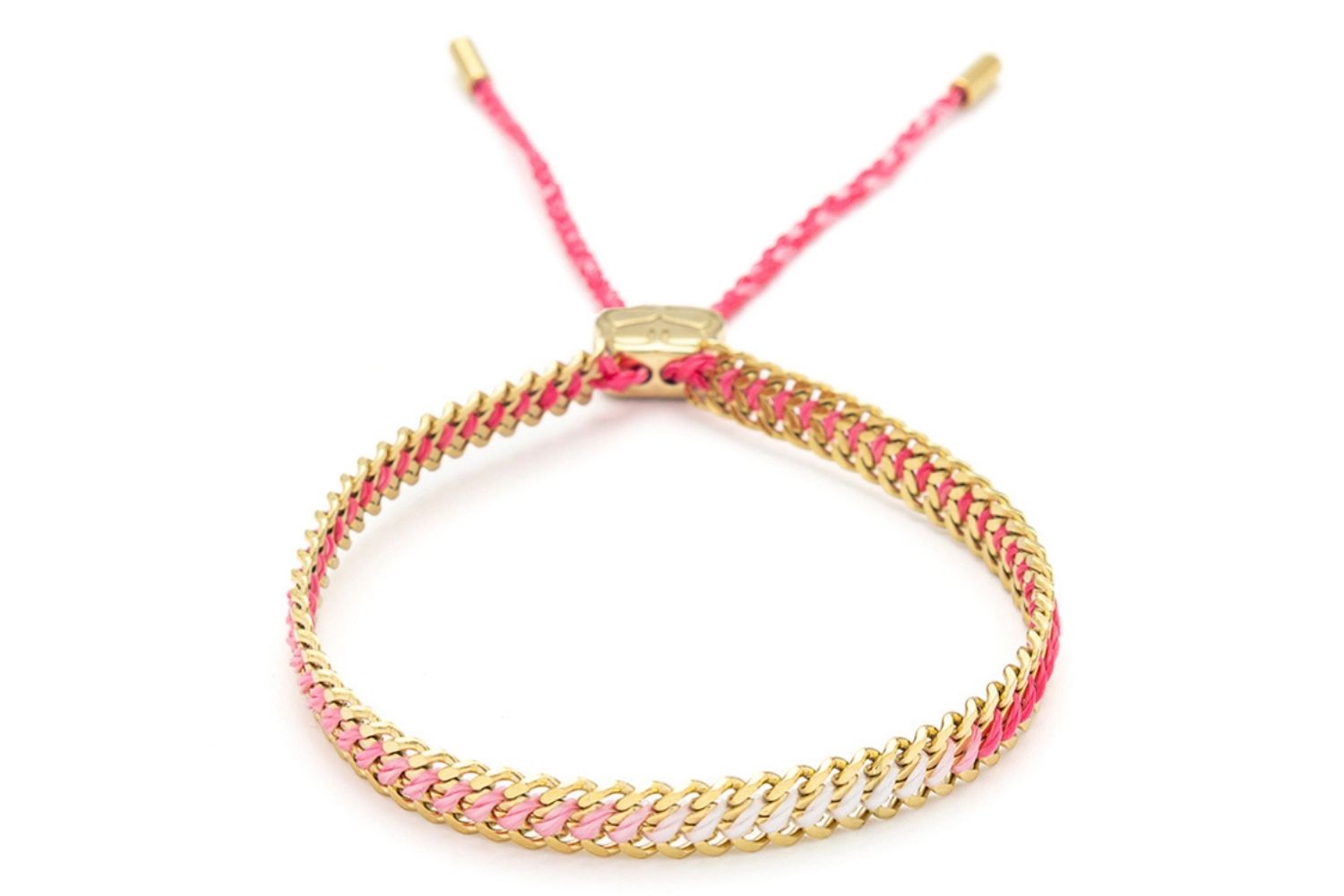 Athena Pink Gold Braided Bracelet with pink ombré thread woven through 14k gold PVD curb chain, inspired by tropical sunsets and blooming orchids.