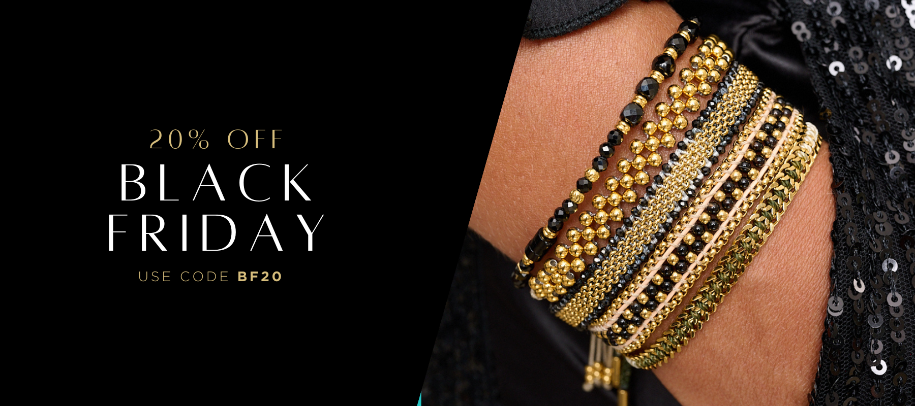 Black beaded bracelets with gold beaded bracelets and hand woven bracelet paired together and styled with a black sequin skirt ready for the christmas party season