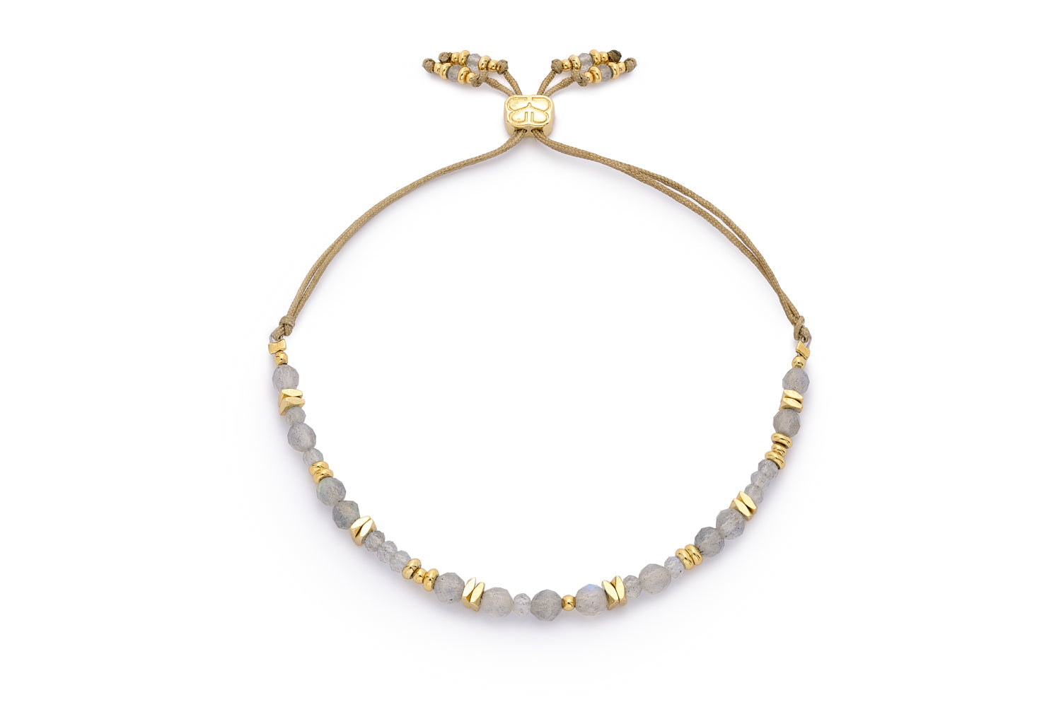 Bliss Labradorite & Gold Bracelet featuring faceted labradorite beads and 12k gold-plated accents on a neutral adjustable cord.