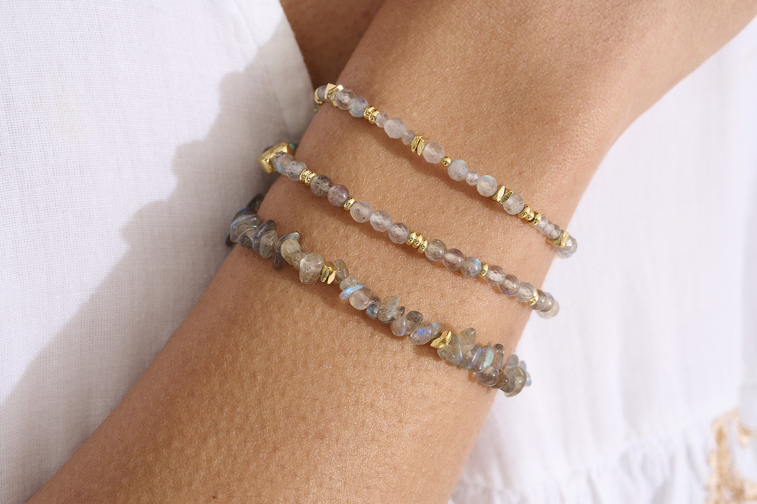 Bliss Labradorite & Gold Bracelet styled on the wrist, showcasing labradorite beads with golden accents in a soft boho-inspired stack.