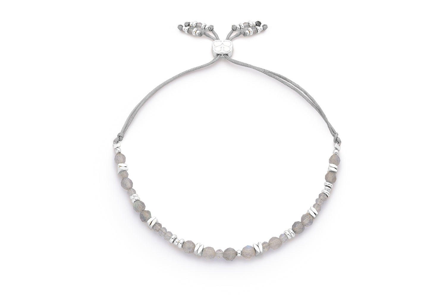 Bliss Labradorite & Silver Adjustable Bracelet featuring faceted labradorite gemstones and sterling silver-plated accents with an adjustable cord slider fastening.