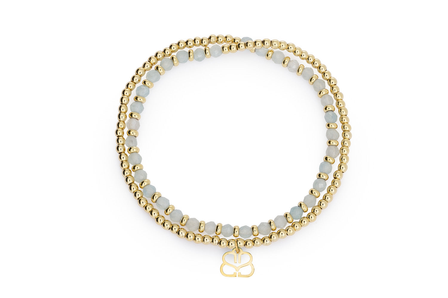 Bluebell Gold & Aquamarine Stretch Bracelet featuring faceted aquamarine gemstones and 12k gold-plated accents in a double-layer wrap style.