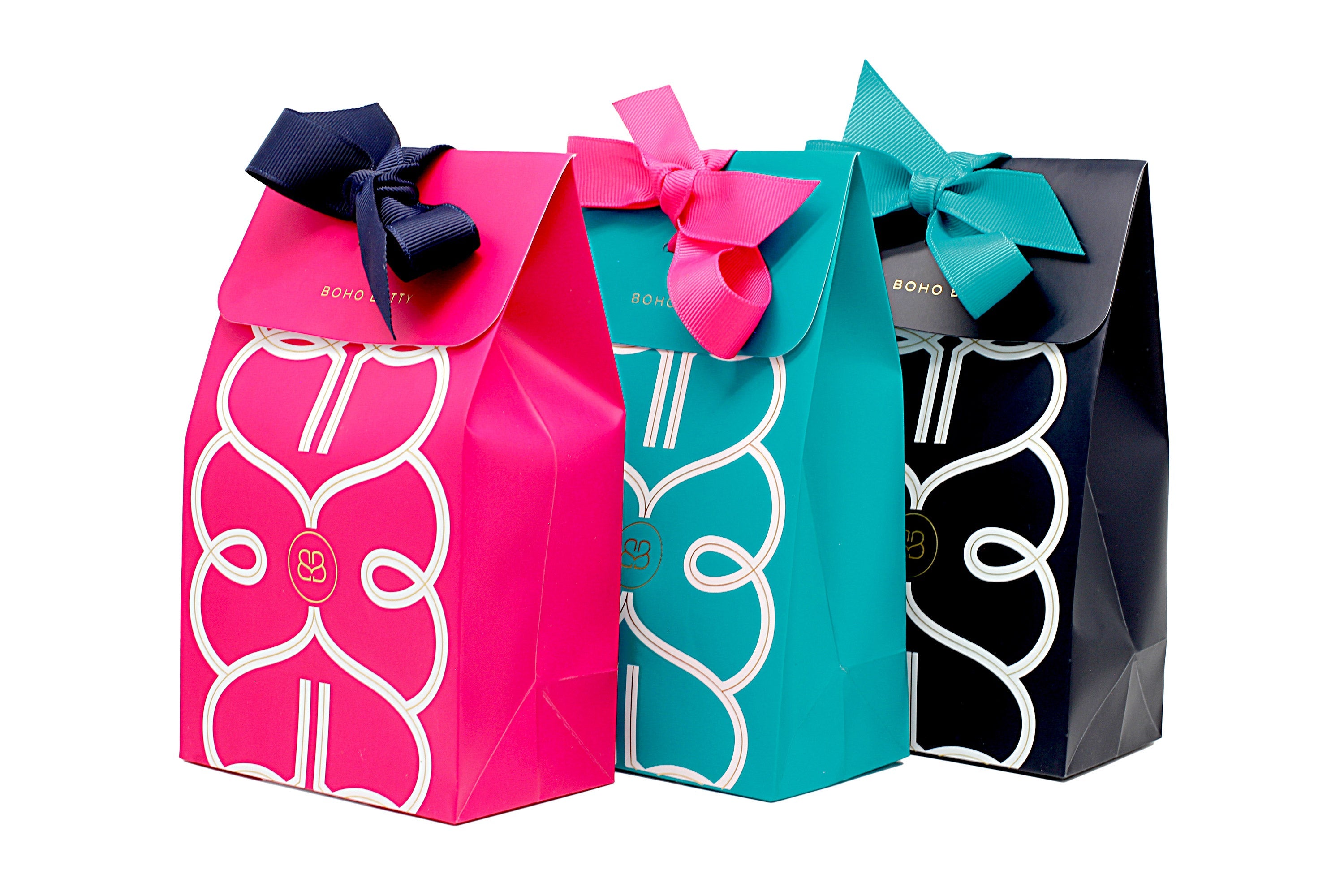 Boho Betty jewelry gift packaging, vibrant packaging options with contract bows and iconic Boho Betty logo design. 