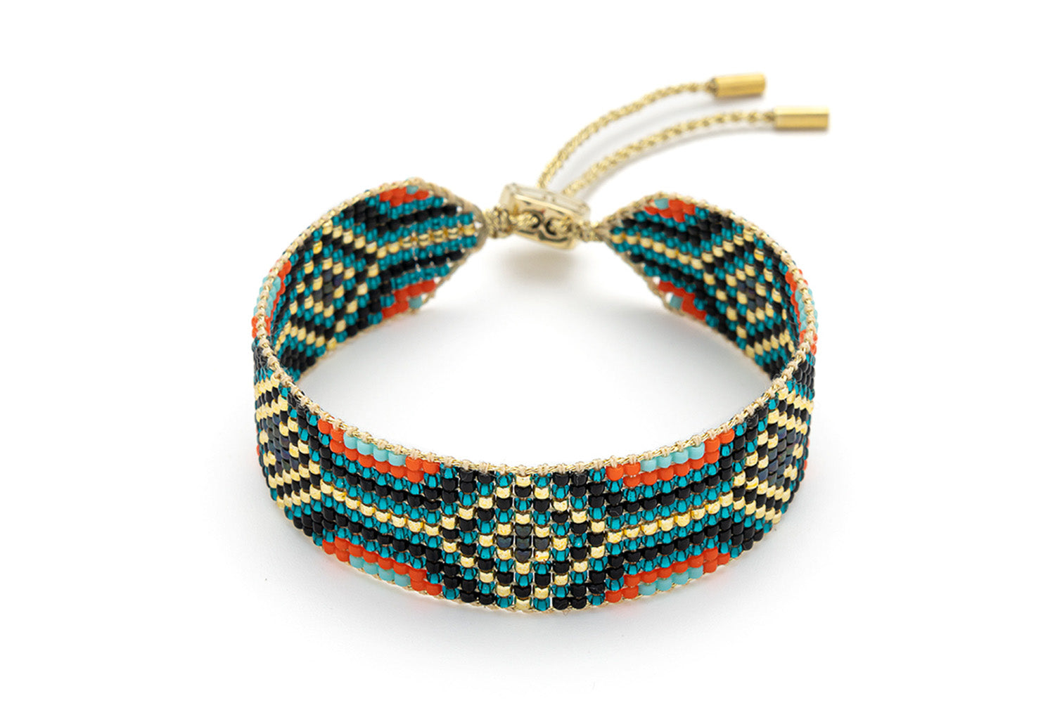 Camila Teal & Gold Beaded Cuff Bracelet with handwoven Miyuki beads in teal, coral, black, and gold, finished with an adjustable 12k gold-plated slider.