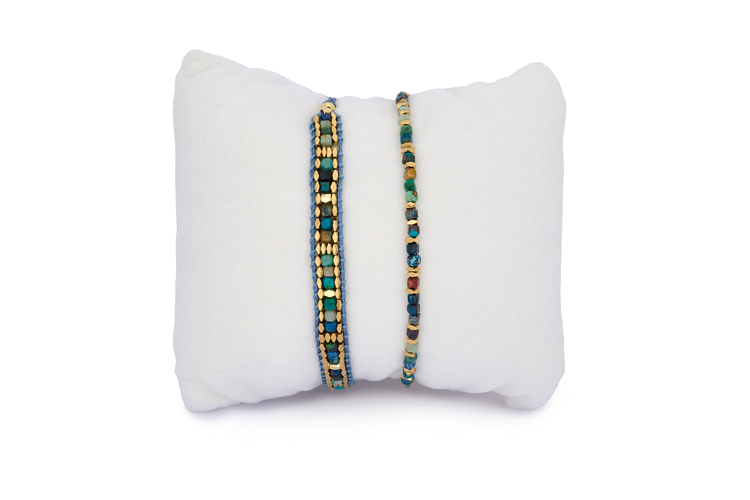 Celeste Azurite & Gold Bracelet Stack featuring deep blue-green azurite beads and 12k gold-plated accents for a soulful, boho-luxe look.