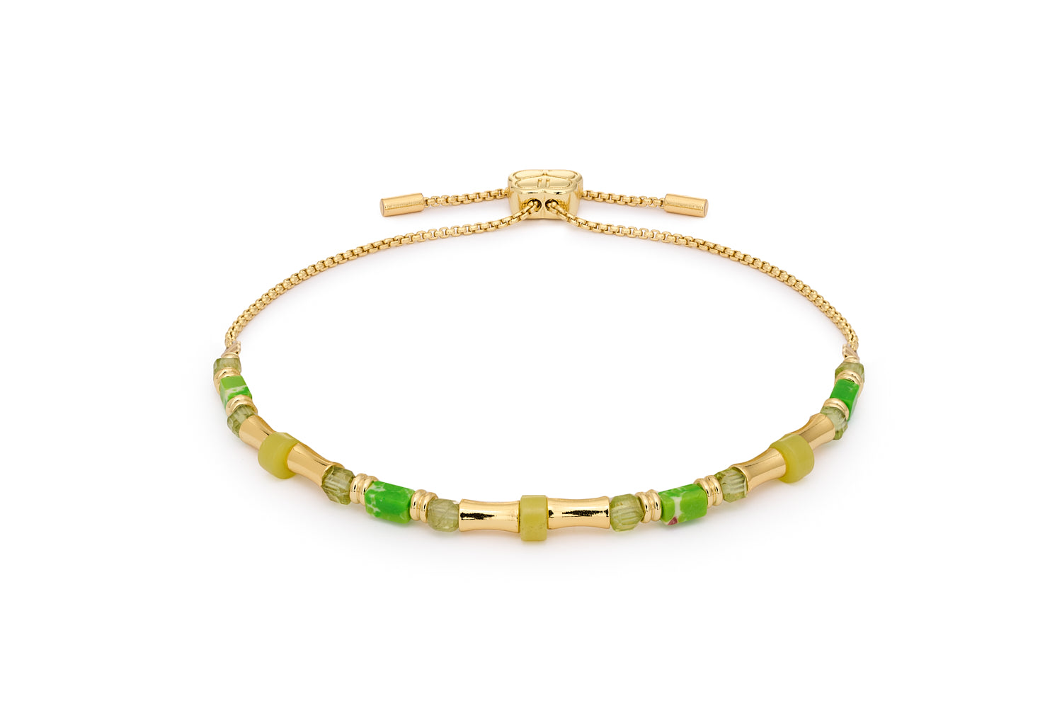 Chiara Gold & Peridot Gemstone Beaded Bracelet featuring peridot, olivine and jade beads with 12k gold-plated accents and adjustable slider up to 26cm.