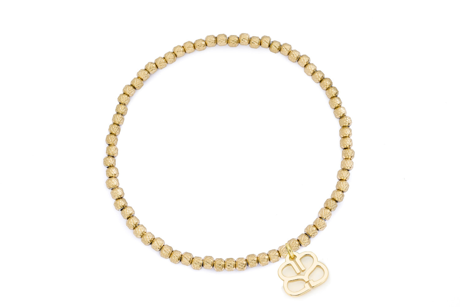 Clara Gold Stretch Bead Bracelet featuring polished textured gold beads, Boho Betty’s iconic filigree charm, and an 18cm stretch design for effortless stacking and everyday wear.