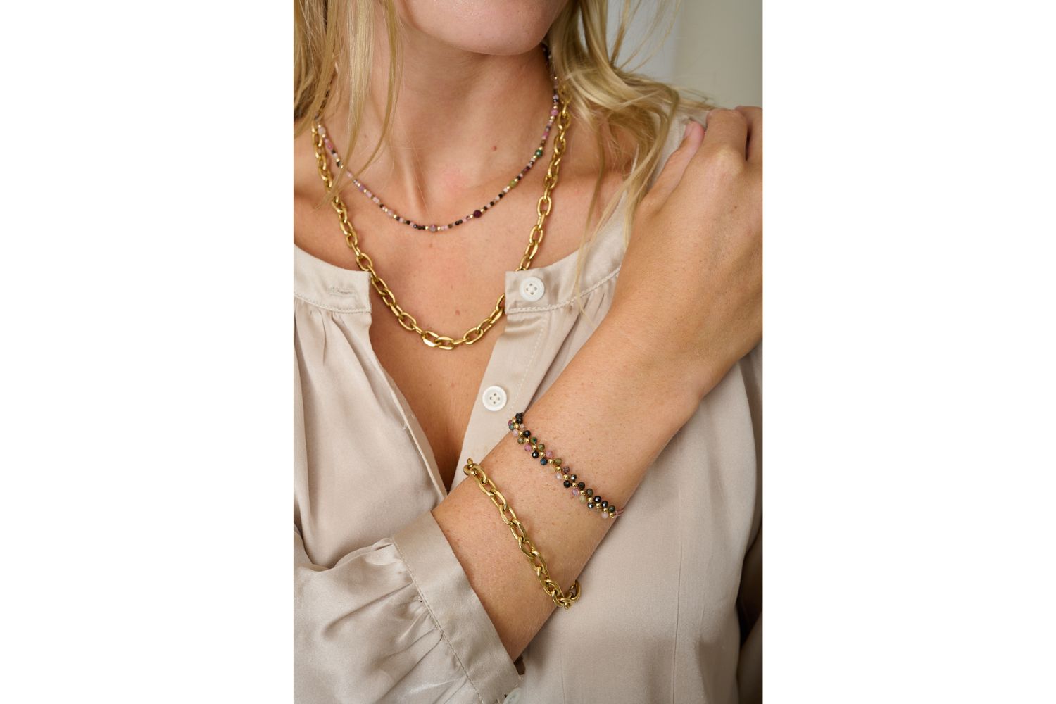 Dione & Nyssa gold chain bracelet and necklace set styled with Boho Betty stacking jewelry