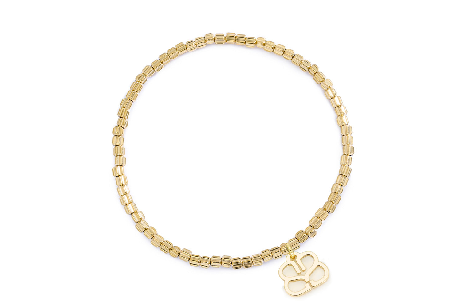 Eleanor Gold Bead Stretch Bracelet featuring softly textured gold beads, Boho Betty’s signature filigree charm, and a comfortable stretch design for effortless stacking and everyday wear.
