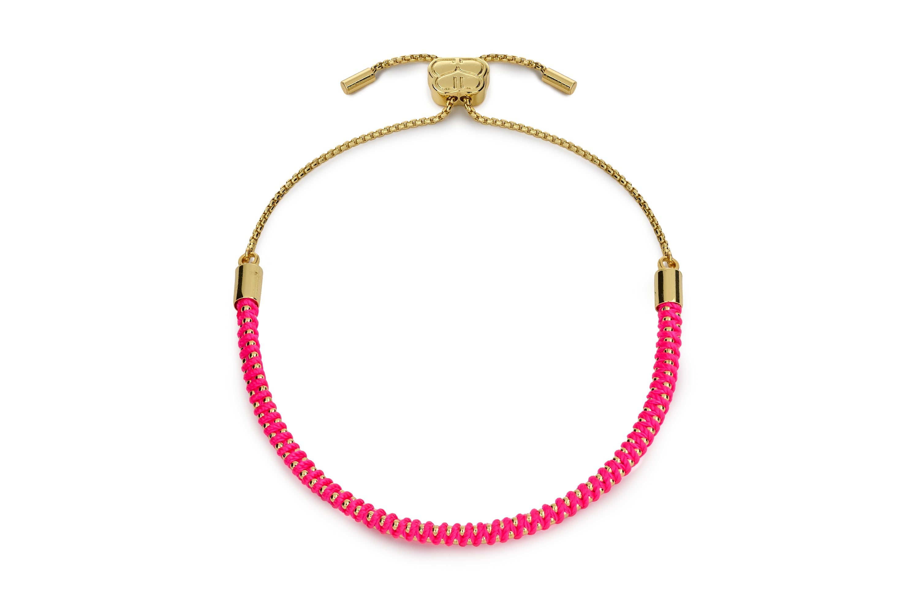 Emelia Woven Gold & Hot Pink Bracelet with bright pink woven cord, polished gold detailing and adjustable slider fastening.